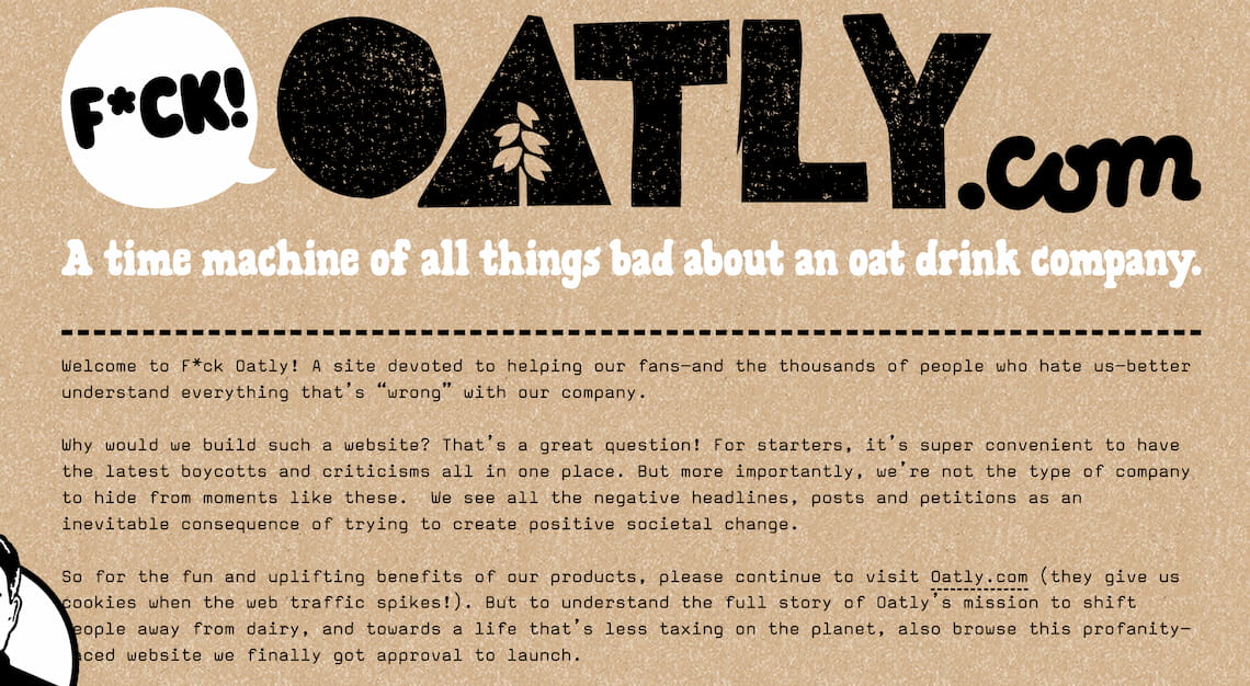 A screenshot of Oatly's website leads with the header "f*ck Oatly.com, a time machine of all things bad about an oat drink company". 