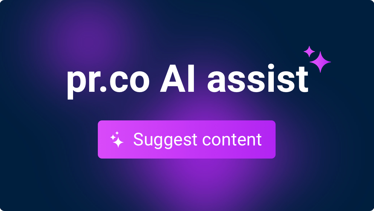 A promotional image about pr.co AI assist with a Suggest content call-to-action button